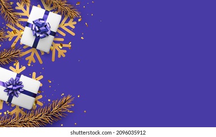 Christmas and New Year purple background. Golden fir, big snowflakes and confetti. White gift box with bow. Space for text. Vector illustration.