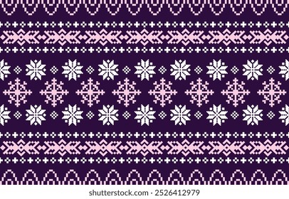 Christmas and New Year purple and white seamless pattern, fairytale pixel pattern in white and green with Nordic snowflakes for winter hats, ugly sweaters, jumpers. wallpaper, paper or other design