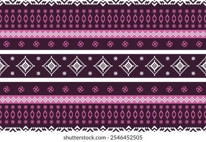 Christmas and New Year purple and white seamless pattern, fairytale pixel pattern in white and green with Nordic snowflakes for winter hats, ugly sweaters, jumpers. wallpaper, paper or other design
