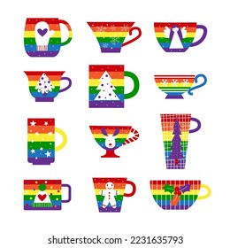 Christmas and new year queer lgbt gay mugs. Cozy winter rainbow cups with flag and holiday symbols. Flat vector illustration set.