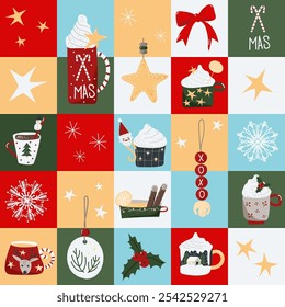 Christmas and New Year quilt vector seamless background, patchwork pattern with warm drinks cups, tea, coffee, cacao and decorations, holly plant, snowflakes, stars, bow. 
