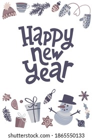 Christmas and New Year quote. Modern lettering and flat hand drawn holiday decoration, fir branches, cones,  gingerbread cookie, mistletoe, holly. Vector illustration for cards, leaflets or banners.