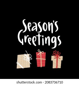 Christmas and New Year quote. Modern lettering and flat hand drawn winter holiday decorative gift boxes. Vector illustration for cards, leaflets or banners.