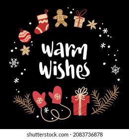 Christmas and New Year quote. Modern lettering and flat hand drawn winter holiday decorative gift boxes. Vector illustration for cards, leaflets or banners.