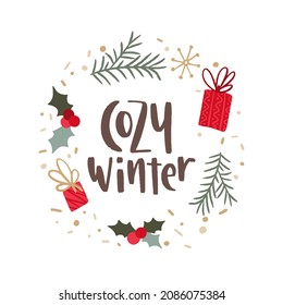 Christmas and New Year quote. Trendy style lettering and flat hand drawn winter holiday symbols and decoration. Vector illustration for cards, leaflets or banners on white background.