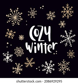 Christmas and New Year quote. Trendy style lettering and flat hand drawn winter holiday symbols and decoration. Vector illustration for cards, leaflets or banners on black background.