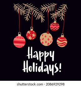 Christmas and New Year quote. Trendy style lettering and flat hand drawn winter holiday symbols and decoration. Vector illustration for cards, leaflets or banners on black background.