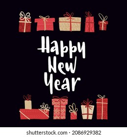 Christmas and New Year quote. Trendy style lettering and flat hand drawn winter holiday symbols and decoration. Vector illustration for cards, leaflets or banners on black background.