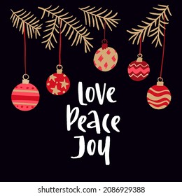 Christmas and New Year quote. Trendy style lettering and flat hand drawn winter holiday symbols and decoration. Vector illustration for cards, leaflets or banners on black background.