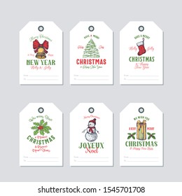 Christmas and New Year Ready-to-Use Bright Colours Gift Tags or Labels Templates Set. Hand Drawn Bell with Ribbon, Snowman, Holly, Pine, and Sock Sketches with Retro Typography. Isolated.