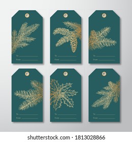 Christmas and New Year Ready-to-Use Gift Tags or Labels Templates Set. Hand Drawn Fir-needle Pine Branches with Strobiles and Holly Leaf Sketches. Golden Glitter Gradienr on Green Backgriund. Isolated