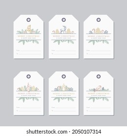Christmas and New Year Ready-to-Use Gift Tags or Badges Templates Set. Hand Drawn Snowman, Candle, Sock, Pine Branches with Strobiles and Holly Leaf Sketches Greetings Frame Labels. Isolated.