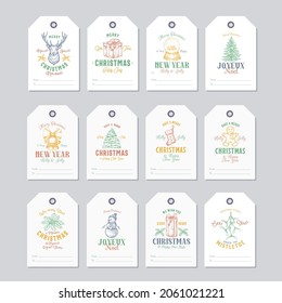 Christmas and New Year Ready-to-Use Gift Tags or Labels Templates Set. Reindeer, Holly, Mistletoe, Snowman, Pine and Gift Box Sketches Illustrations with Retro Typography. Isolated.