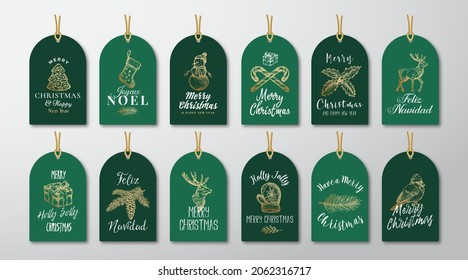 Christmas and New Year Ready-to-Use Gift Tags or Labels Templates Set. Golden Glitter Hand Drawn Winter Holiday Illustrations with Retro Typography. Season Greetings Collection. Isolated.