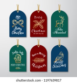 Christmas and New Year Ready-to-Use Glitter Gift Gift Tags or Labels Templates Set. Hand Drawn Reindeer, Candy Cane, Gift Box, Holly and Glove Sketches with Retro Typography. Isolated.