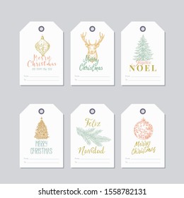 Christmas and New Year Ready-to-Use Pastel Colour Gift Tags or Labels Templates Set. Hand Drawn Deer, Toy Balls, Pine or Spruce Decorated Sketches with Retro Typography. Isolated.