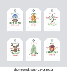 Christmas and New Year Ready-to-Use Vibrant Colour Gift Tags or Labels Templates Set. Hand Drawn Reindeer, Cookie Man, Mistletoe, Snowball, Pine and Gift Box Sketches with Retro Typography. Isolated.