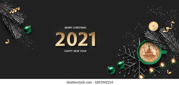 Christmas and New Year realistic banner with a cup of coffee, decorations and golden numbers 2021