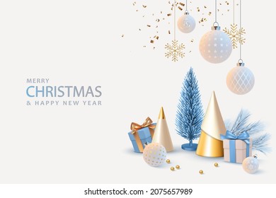 Christmas and New Year realistic banner. Christmas composition of golden cone-shaped and foil Christmas trees. Gifts and traditional decorations on a white background