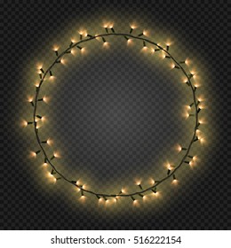 Christmas and New year realistic gold light garlands like frame on a transparent background, vector.