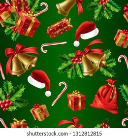 Christmas and New Year realistic vector seamless pattern on green gradient background. Wrapped gifts, holly leaves and golden Christmas bells, caramel candy cane, Santa Claus hat and sack illustration