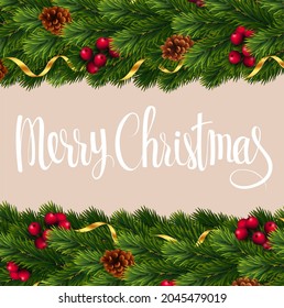 Christmas and New year realistic vector template with christmas tree branches, stars, cones and holly berries.