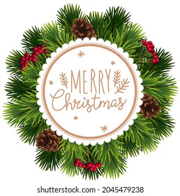 Christmas and New year realistic vector template with christmas tree branches, stars, cones and holly berries.