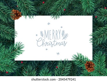 Christmas and New year realistic vector template with christmas tree branches, stars, cones and holly berries.