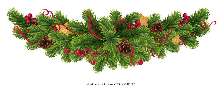 Plantilla vectorial de Navidad y Año Nuevo realista con ramas de árboles de navidad, estrellas, conos y bayas huecas sobre fondo de madera oscura vengativa.