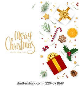 Christmas and New year realistic vector template with christmas tree branches, stars, cones and holly berries on white dark wood background.