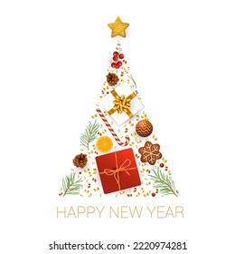 Weihnachten und Neujahr realistische Vektorvorlage mit Weihnachtsbaumzweigen, Sternen, Steinen und Heiligen Beeren auf dunklem Vordach-Holzhintergrund.