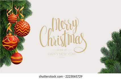 Christmas and New year realistic vector template with christmas tree branches, stars, cones and holly berries on venge dark wood background.