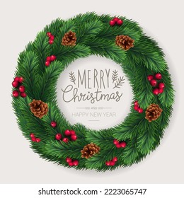 Weihnachten und Neujahr realistische Vektorvorlage mit Weihnachtsbaumzweigen, Sternen, Steinen und Heiligen Beeren auf dunklem Vordach-Holzhintergrund.