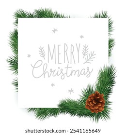 Christmas and New year realistic vector template with christmas tree branches, stars, cones and holly berries on venge dark wood background.