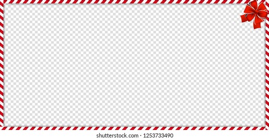 Christmas, New Year Rectangle Candy Cane Frame With Red And White Striped Lollipop Pattern And Festive Bow Isolated On Transparent Background. Holiday Xmas Border. Vector Illustration, Template.