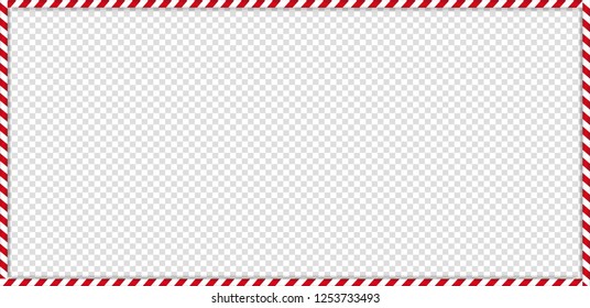 Christmas, new year rectangle cane frame with red and white striped lollipop candy pattern isolated on transparent background. Holiday xmas border. Vector scrapbooking template, banner, signboard.