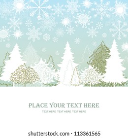 Christmas and New Year red background, xmas retro gift template, abstract beautiful card, forest with graphic christmas trees for design