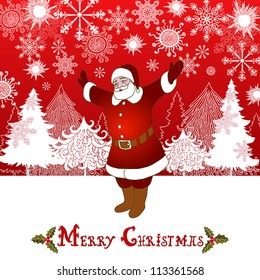 Christmas and New Year red background, xmas retro gift template, abstract beautiful card, graphic christmas trees and Santa Claus for design