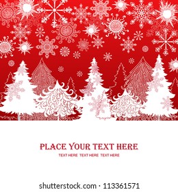Christmas and New Year red background, xmas retro gift template, abstract beautiful card, graphic christmas trees for design