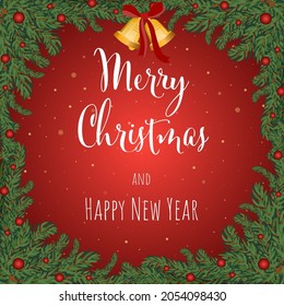 Christmas and New Year red background greeting card with lettering. Vector illustration