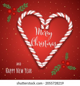 Christmas and New Year red background greeting card with lettering. Vector illustration