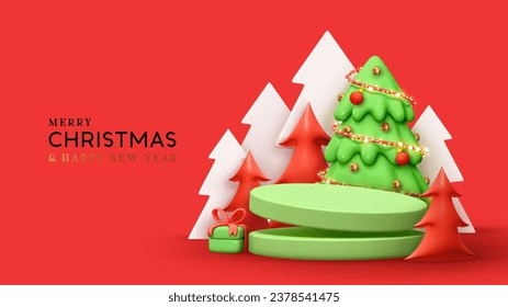 Navidad y Año Nuevo fondo rojo. Podio de estudio redondo con árboles de Navidad y caja de regalo. Diseño 3d realista con elementos festivos. Cartel de Navidad, afiche web. Ilustración del vector