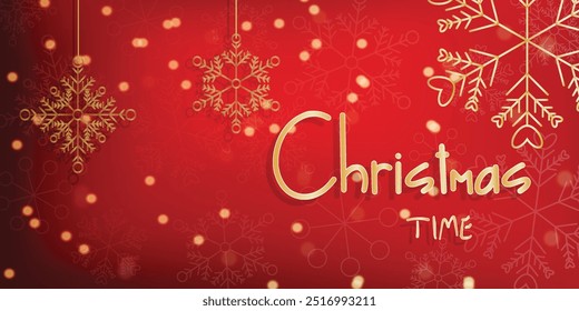 Christmas New Year red background with gold snowflakes glitter bokeh Golden festive winter backdrop Xmas New Year design Holiday theme Vector Copy space Metal effect Text Christmas time