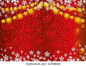Christmas and New Year red background with garland and snowflakes.