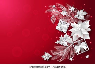 Christmas and New Year red background with Christmas tree, punch, gifts, Christmas tree decorations, holly, stars, carved from paper. With place for text