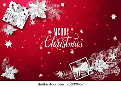 Christmas and New Year red background with Christmas tree, punch, gifts, Christmas tree decorations, holly, stars, carved from paper.Vector