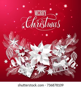 Christmas and New Year red background with Christmas tree, punch, gifts, Christmas decorations, lights, holly, stars, carved from paper. greeting card, banner