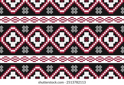 Christmas and New Year red black and white seamless pattern, fairytale pixel pattern in white and green with Nordic snowflakes for winter hats, ugly sweaters, jumpers. wallpaper, paper or other design