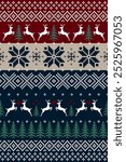 Christmas and New Year. Red, blue, brown, green and white seamless ethnic pattern. Christmas ethnic pixel pattern with Nordic flowers, reindeers, pine trees for winter hats, sweaters and jumper.