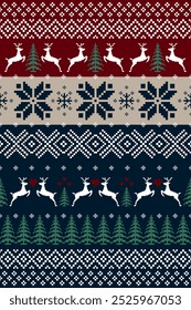 Christmas and New Year. Red, blue, brown, green and white seamless ethnic pattern. Christmas ethnic pixel pattern with Nordic flowers, reindeers, pine trees for winter hats, sweaters and jumper.